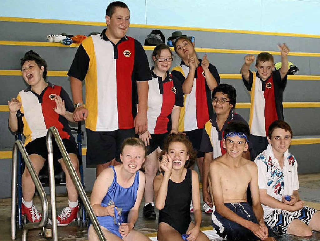 READY TO SWIM: (Front, from left) Jacinta Saunders, Katelynn Poole, Joel Kiley, Liam Byrnes, (back) Maddy Creed, Reilly King, Nicole Rush, Mikhaela Webb and Joshua Beckey are ready for today’s swimming carnival. READY TO SWIM: (Front, from left) Jacinta Saunders, Katelynn Poole, Joel Kiley, Liam Byrnes, (back) Maddy Creed, Reilly King, Nicole Rush, Mikhaela Webb and Joshua Beckey are ready for today’s swimming carnival.